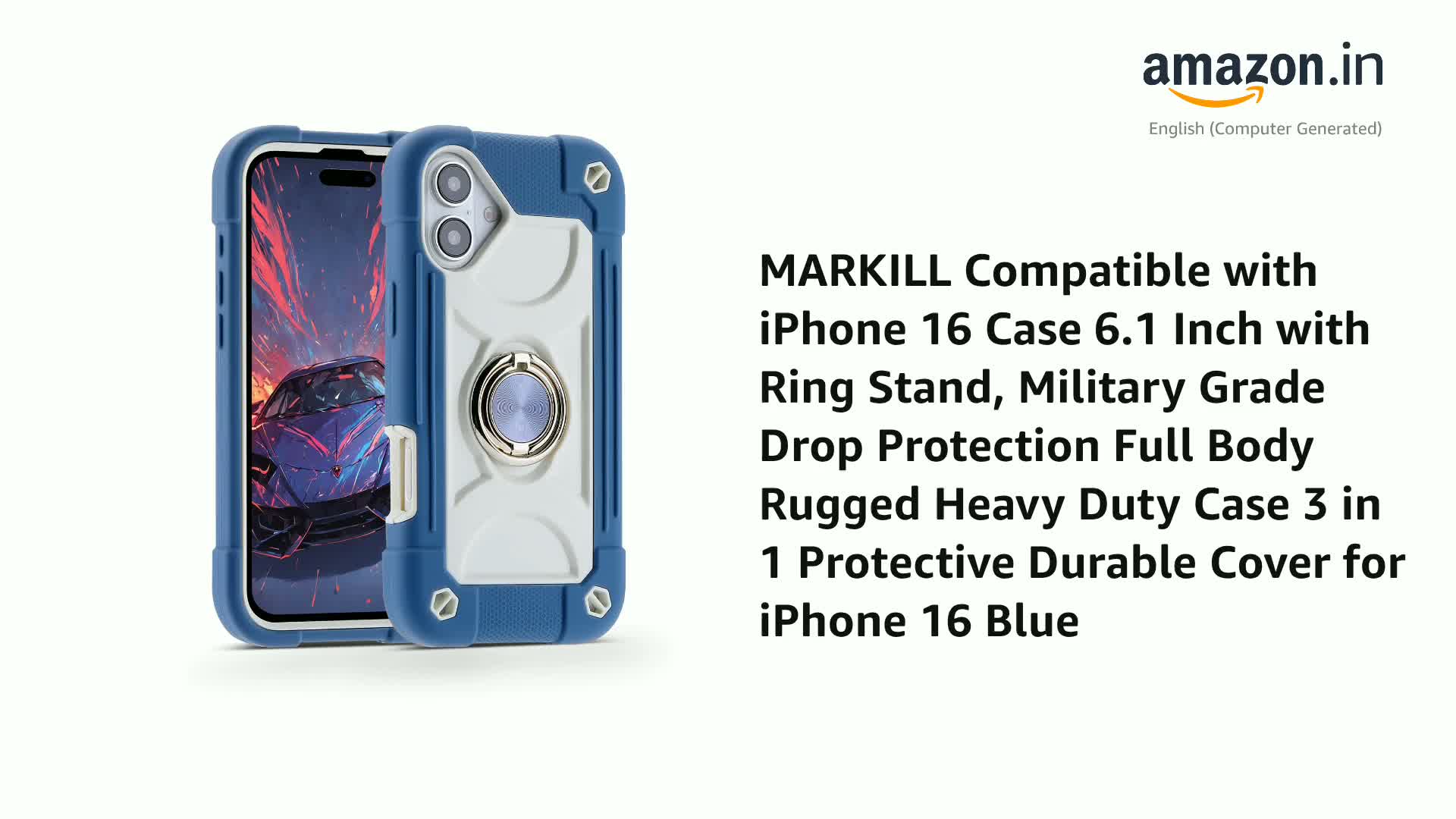 MARKILL IPhone 16 Hülle Mit Ring – Militärischer Fallschutz, 360° Verstellbar, Blau