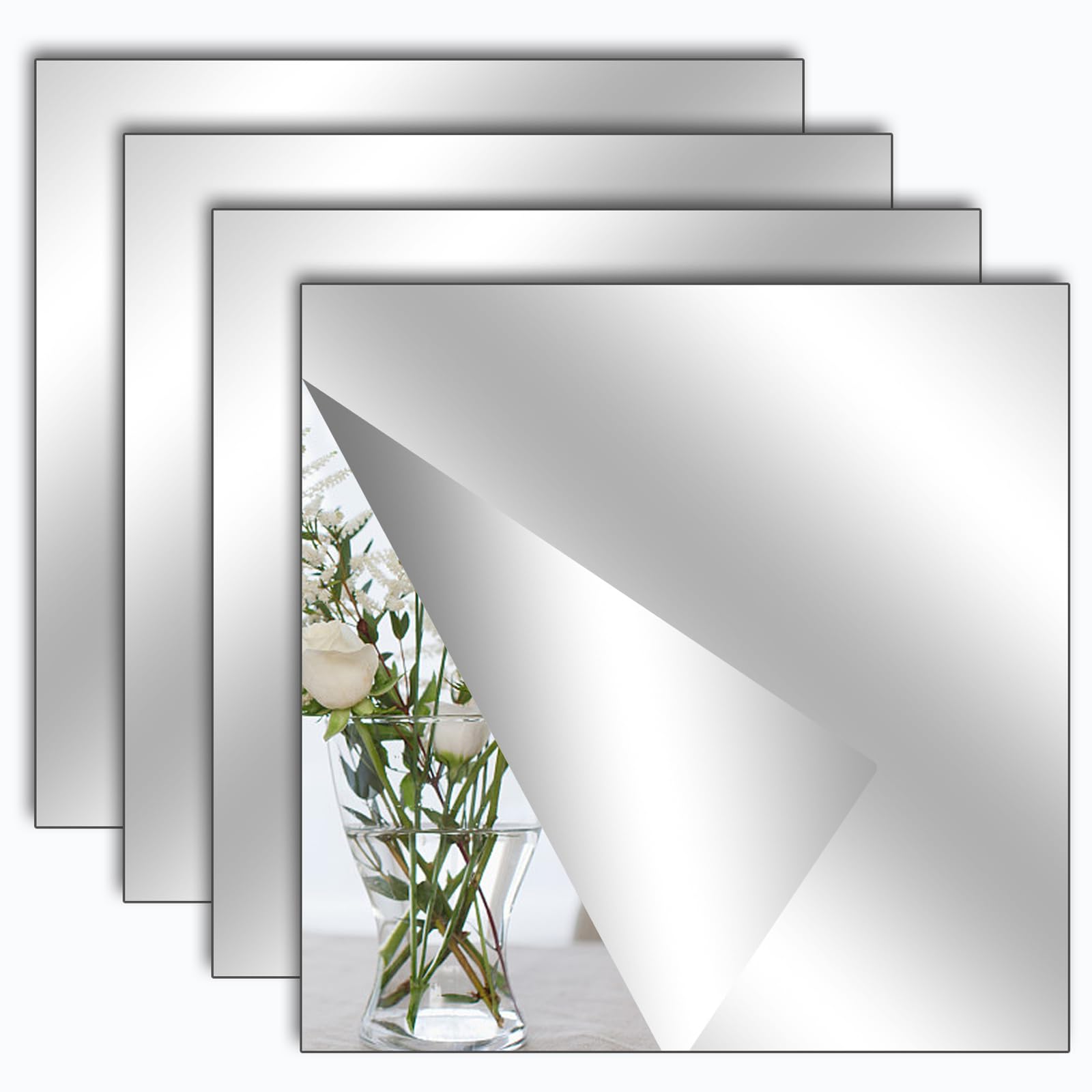 TSLBW 4 Pack Self Adhesive Mirror Stickers 20x20cm Acrylic Mirrors Stick on Mirror for Wall School Home Livingroom Bathroom Bedroom Decor, 2mm Thick
