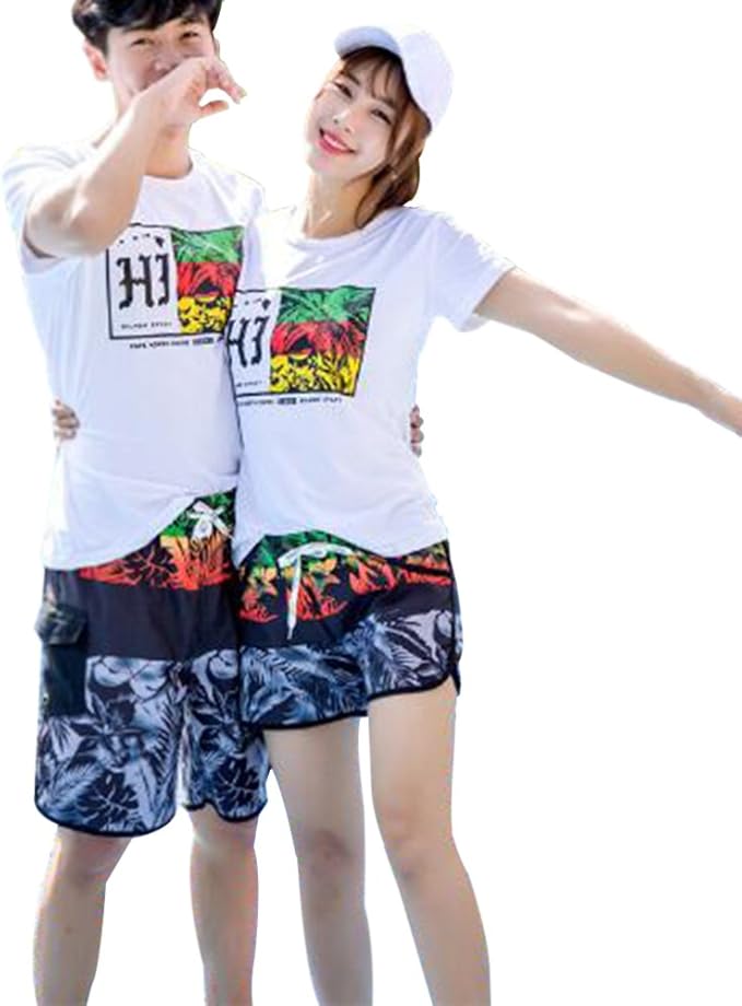 Amazon カップル水着 ペア 海外旅行 短パン ショートパンツ メンズ レディース Tシャツ 棉 上下セット 半袖tシャツ ペアルック 恋人服 水着 カラフル お揃い 新婚旅行 サーフパンツ サーファー 彼女 夫婦 Xl 水着 通販