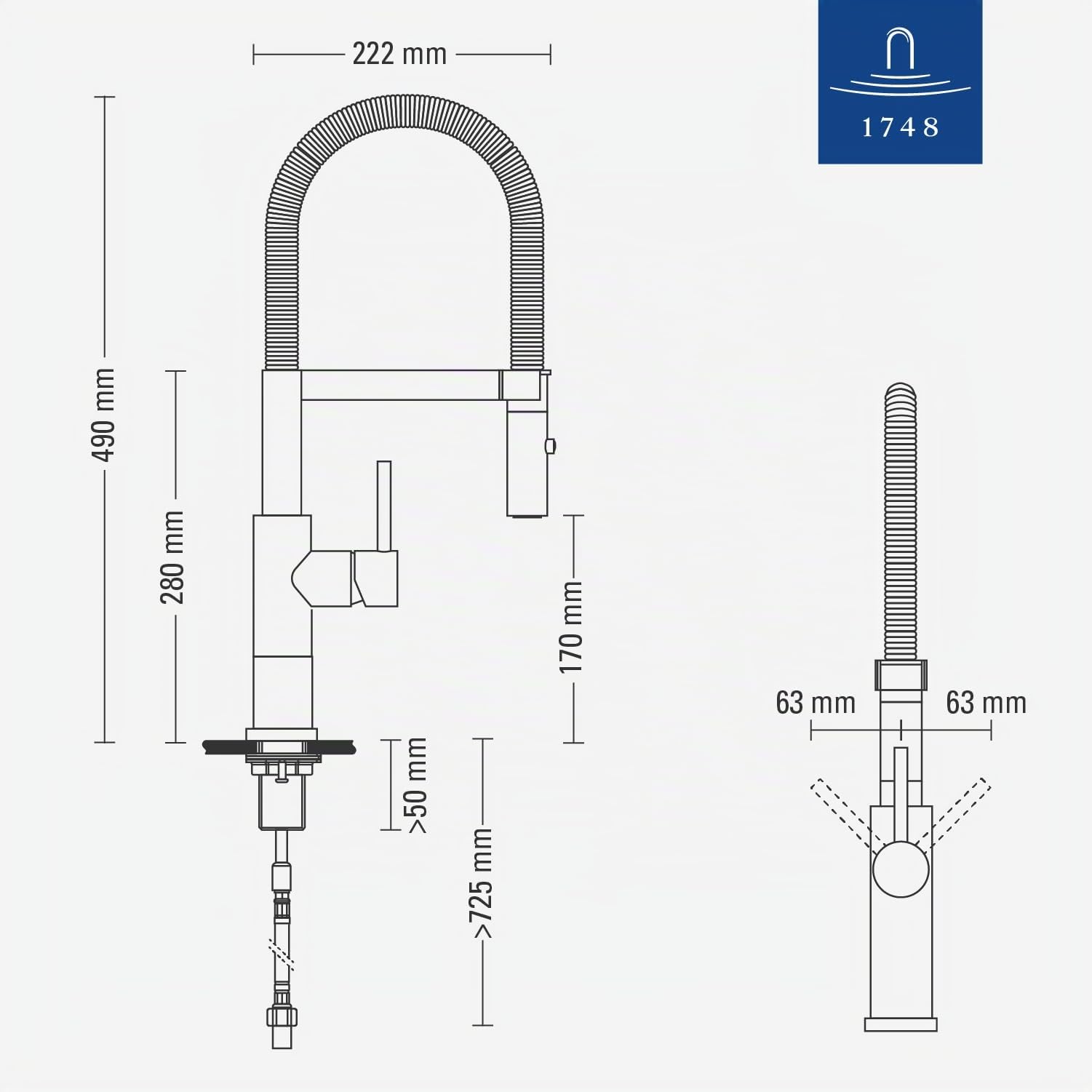 Villeroy & Boch Steel Expert 2.0 grifería de cocina, alta presión, con función de conmutación y desagüe orientable, grifo de fregadero de bajo consumo, altura del caño 170 mm, acero inoxidable