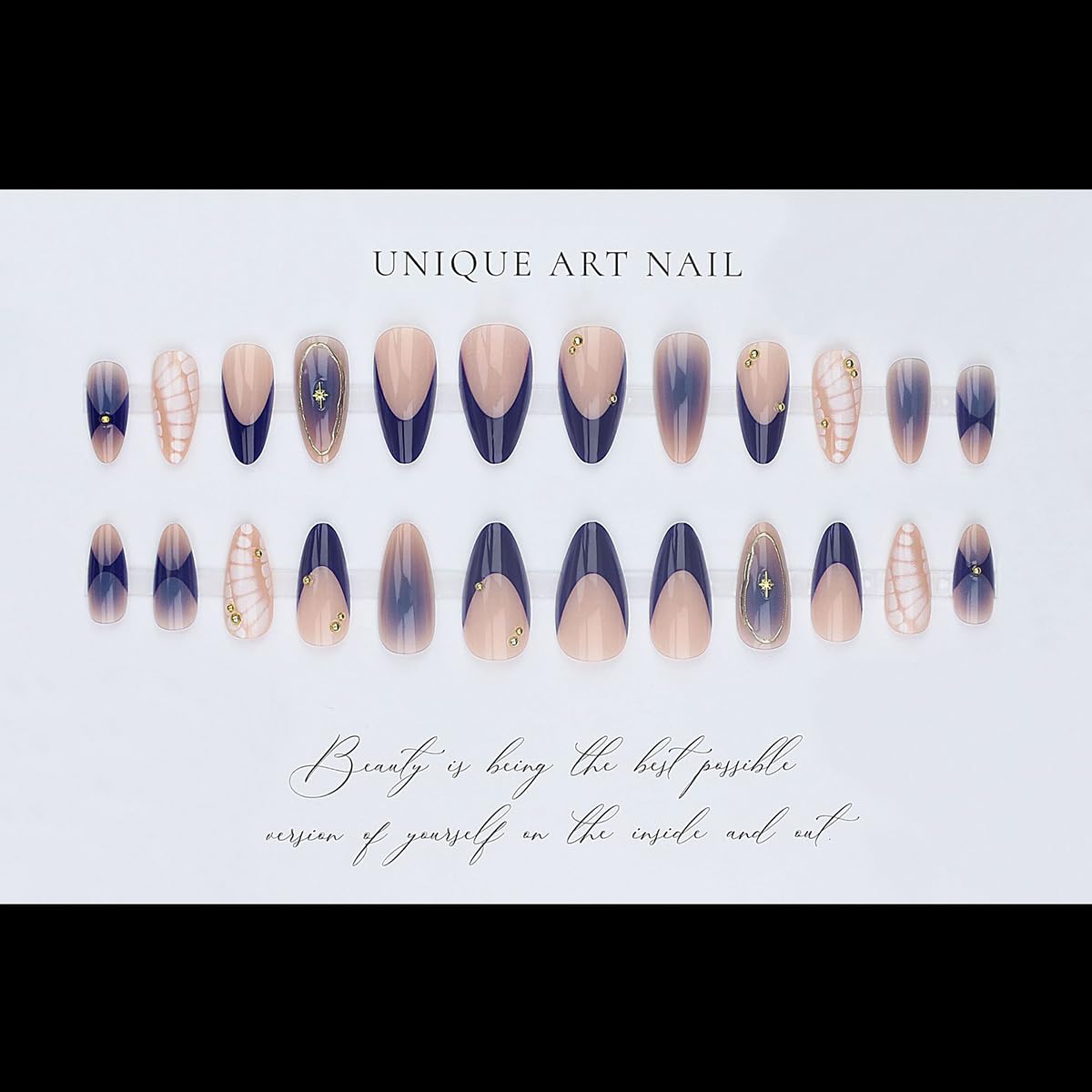 French Tip Almond Press On Nails With 3d Gild Cross Charms Kit_voghion.com