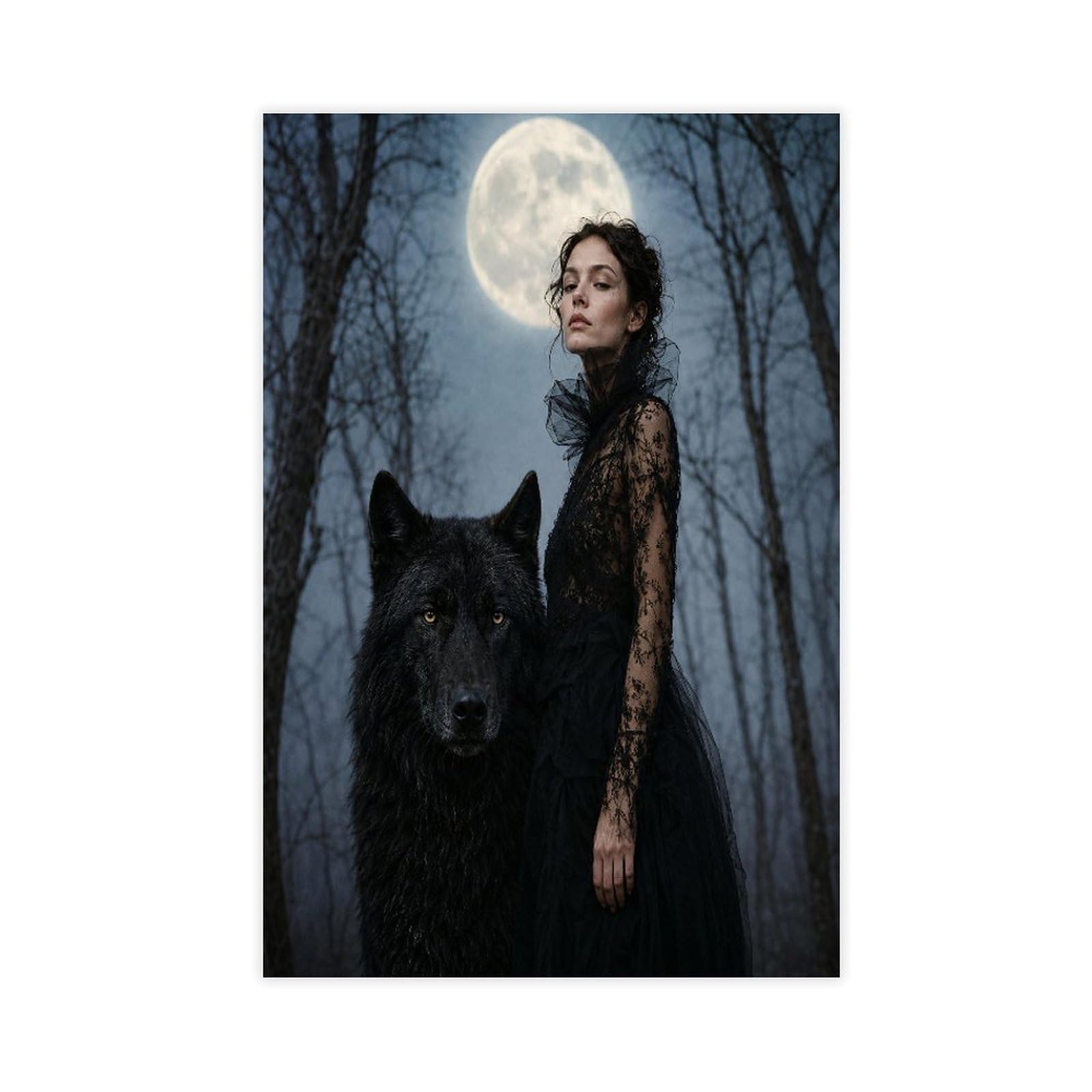 W7c8u2x3 Unframe-Style-21 Woman With Black Wolf Canvas Wall Art, Moonlit Stage Bedside