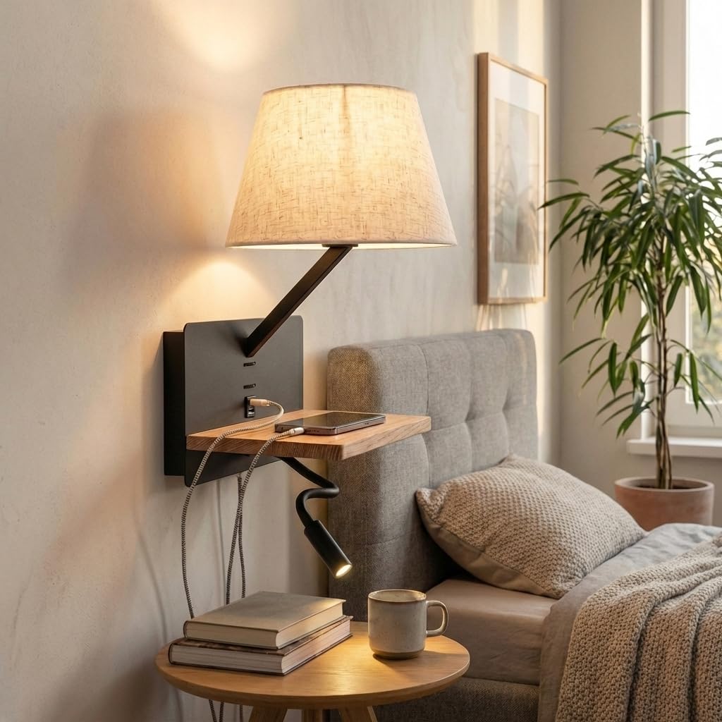 BARCELONA LED Applique da parete “Artin USB+USBC” con paralume E27, faretto LED orientabile 3W, mensola in legno e design moderno per camera da letto, testiera e hotel, Nero
