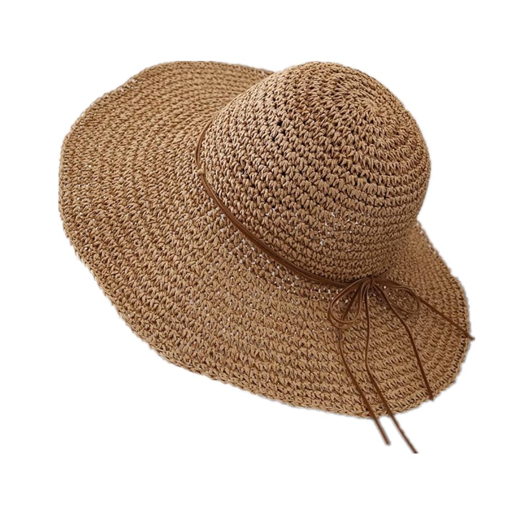Bkrdty Straw Sun Hats Floppy Straw Cap Khaki Ladies Beach Sun Hat Wide Brim Floppy Foldable Summer Travel Outdoor UV Hat