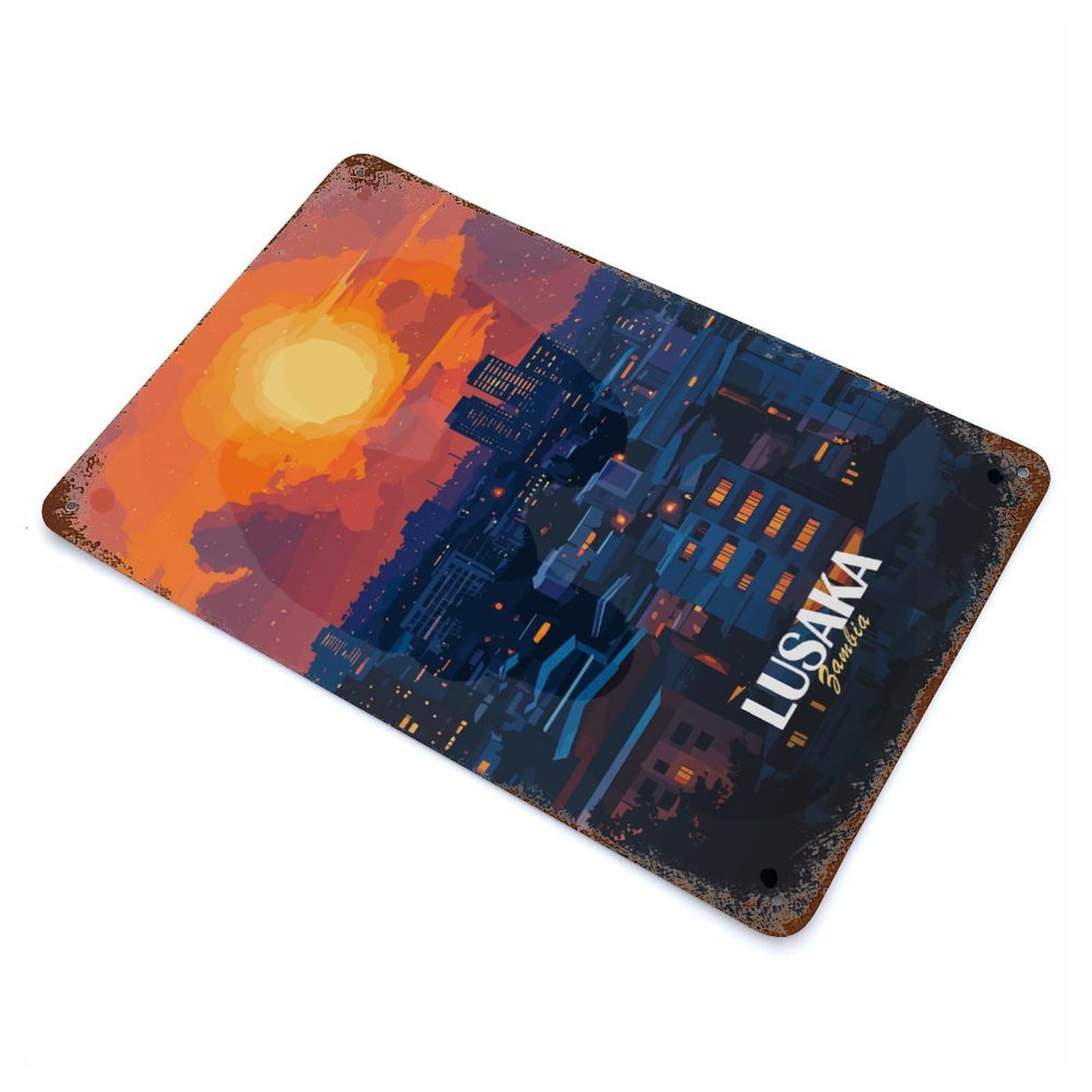 Distressed Metal Wall Sign Lusaka Zambia Cityscape at Sunset 11.8"x7.9", Retro Wall Decor for Basement, Hobby Room And Garage Decor