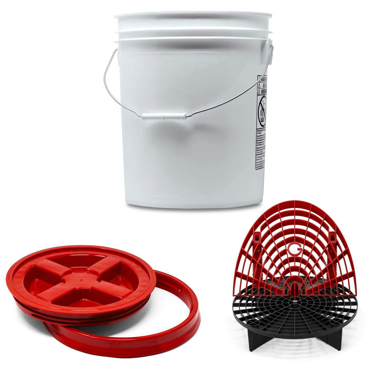 Detailmate professionelles Wasch Eimer Set: Magic Bucket Wascheimer 5 GAL (ca. 20 Liter), Gamma Seal Eimerdeckel rot, GritGuard Schmutz Einsatz schwarz, GritGuard Washboard rot