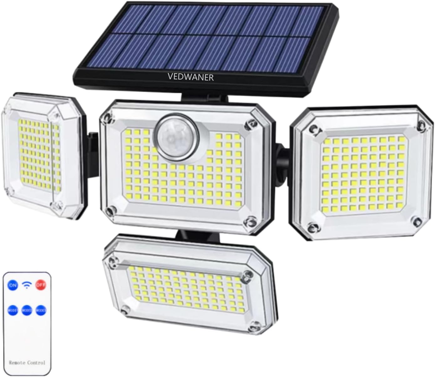 Solar Lights Outdoor, 333 LED 3300LM Motion Sensor Lights with Remote Control, 4 Heads Security LED Flood Light, IP65 Waterproof, 270° Wide Angle Illumination Wall Light with 3 Modes