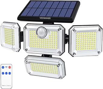 Solar Lights Outdoor, 333 LED 3300LM Motion Sensor Lights with Remote Control, 4 Heads Security LED Flood Light, IP65 Waterproof, 270 Wide Angle Illumination Wall Light with 3 Modes