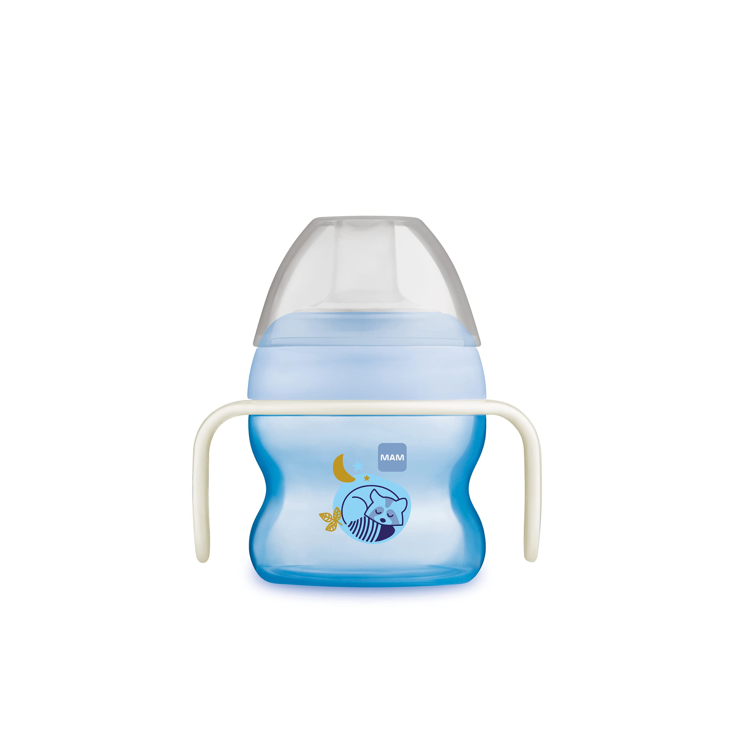 MAM Starter Cup Night - Vaso de aprendizaje para bebés (150 ml) - Botella para primeros ensayos de bebida, vaso de boca con asas luminosas y antideslizantes, a partir de 4 meses, diseño de mapata