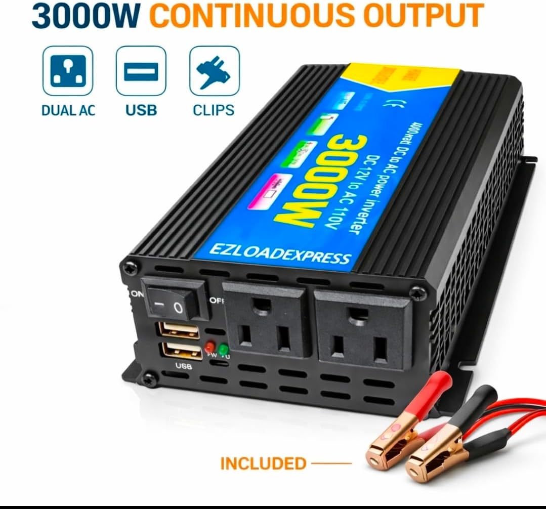 3000W High-Power DC to AC Inverter – 12V to 110V/120V Converter with Dual USB Ports, Dual AC Outlets, Cigarette Lighter Adapter, Battery Cable for Cars Trucks RVs, Camping Home Backup (Black, 3000W)