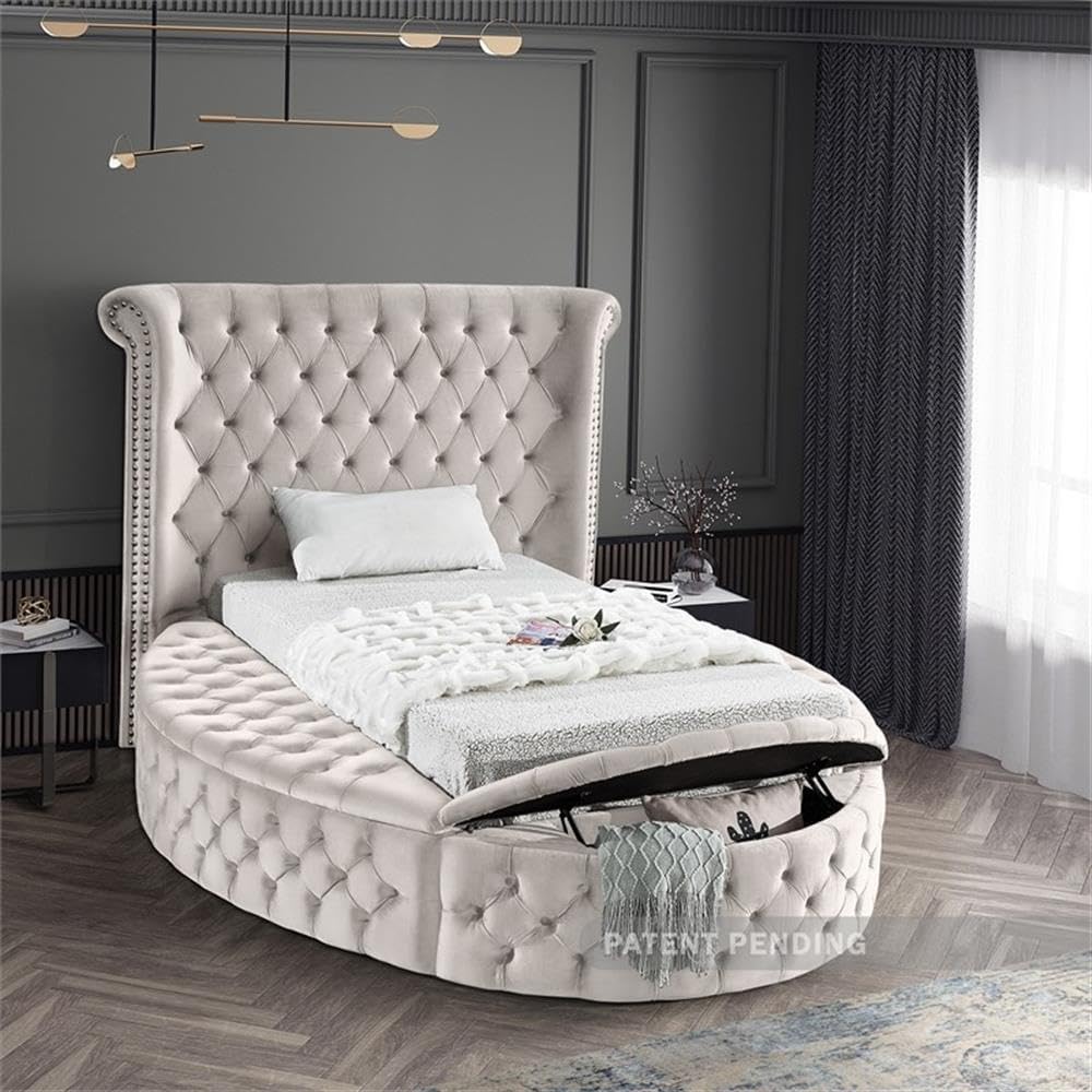 Meridian Furniture Luxus Collection Modern | Contemporary Round Shaped Velvet Upholstered Bed with Deep Button Tufting and Footboard Storage, Twin, Cream