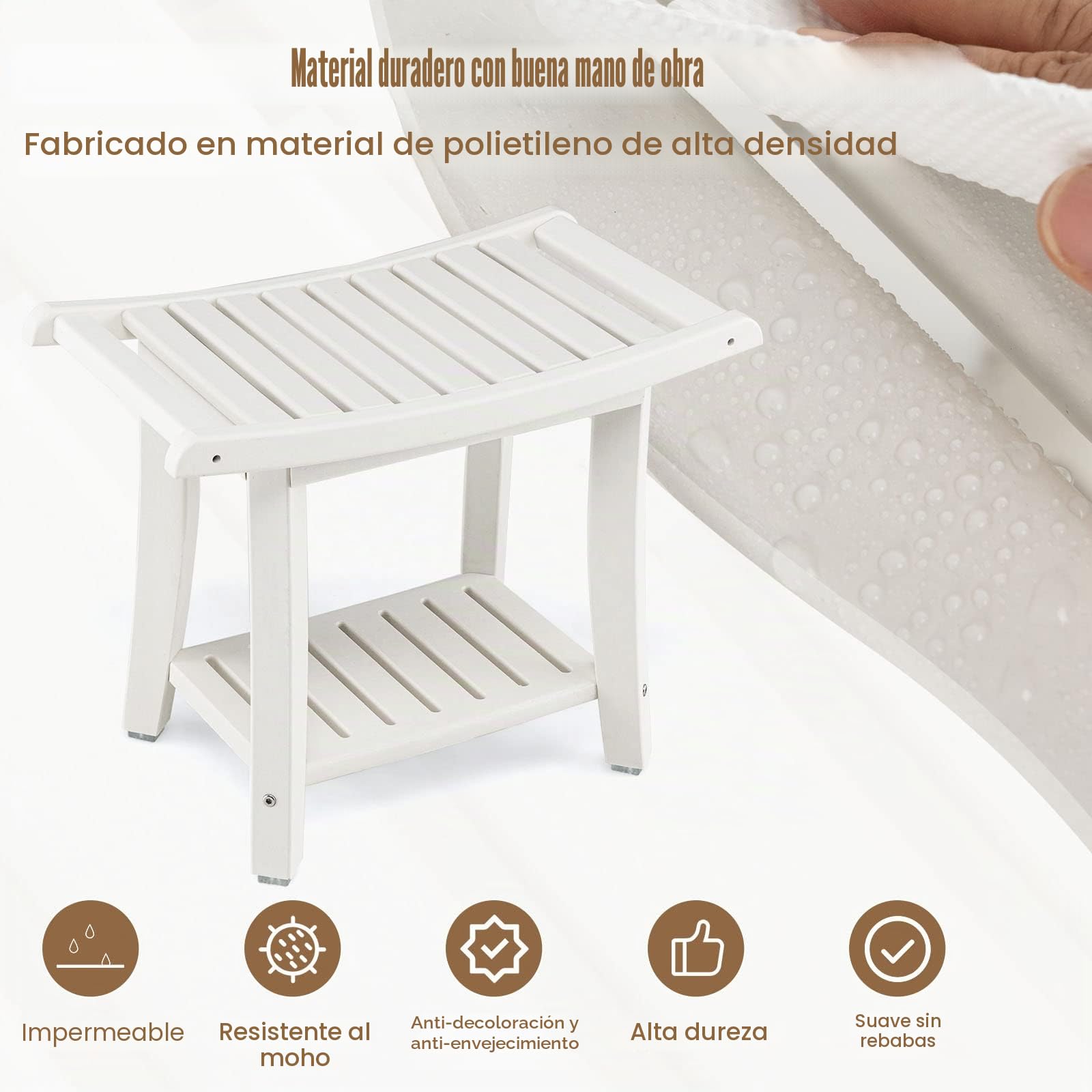 LIFEZEAL Taburete de Baño de 2 Niveles, Banco de Ducha de HDPE hasta 150 kg, Banqueta de Baño con Estante de Almacenamiento para Adultos, 60,5 x 34 x 48 cm, Blanco
