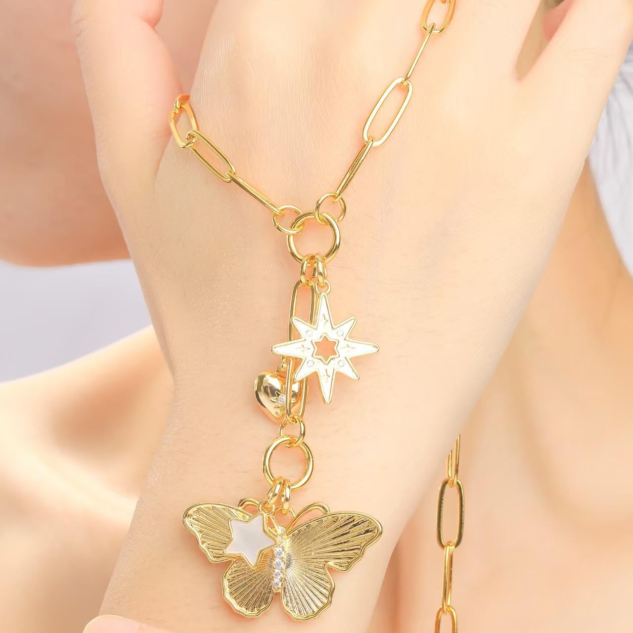 Charm Chunky Heart Butterfly Pendant Necklace Gold Plating Paperclip Chain for Women