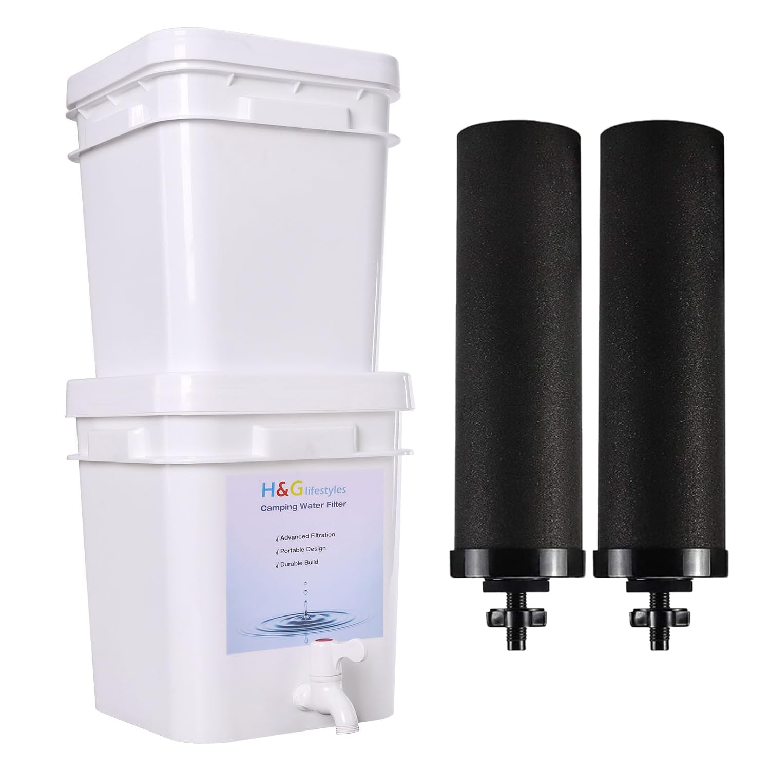 H&G lifestyles Camping Water Filter Survival, Gravity Drinking Water Filtration System with 2pcs Carbon Filters, Portable Travel Alternative Purification for Camping RV Campers Backpacking Hiking