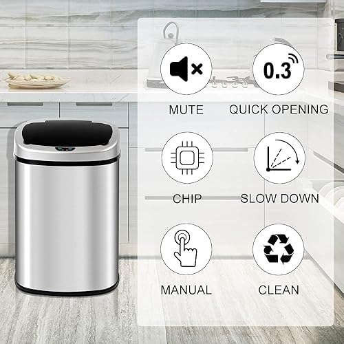 Miniatura 3 de Dkeli Basurero automático de acero inoxidable con tapa, 13 galones / 50 litros sin contacto para el hogar, oficina, sala de estar, dormitorio, baño,