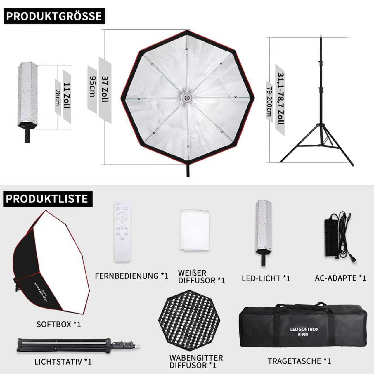 110W Softbox-Beleuchtungsset, 95 cm großes achteckiges Parabol Softbox mit Wabengitter/Fernbedienung/Lichtständer, für Fotografie, Studio-Aufnahmen, Porträtsfotografie, Live-Übertragung