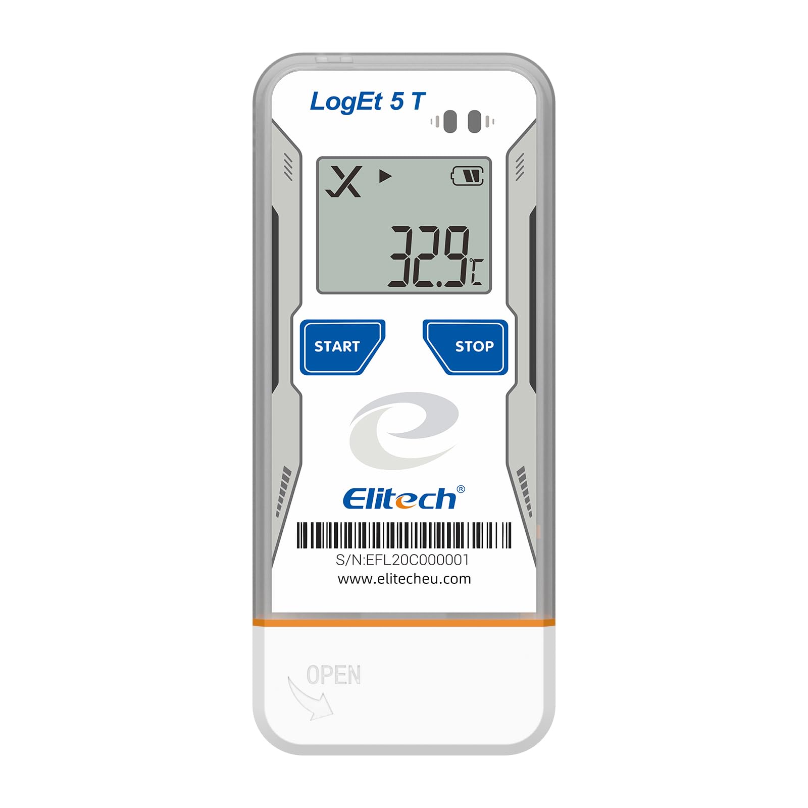 Elitech LogEt5T data logger with specifications including temperature range, accuracy, and size.
