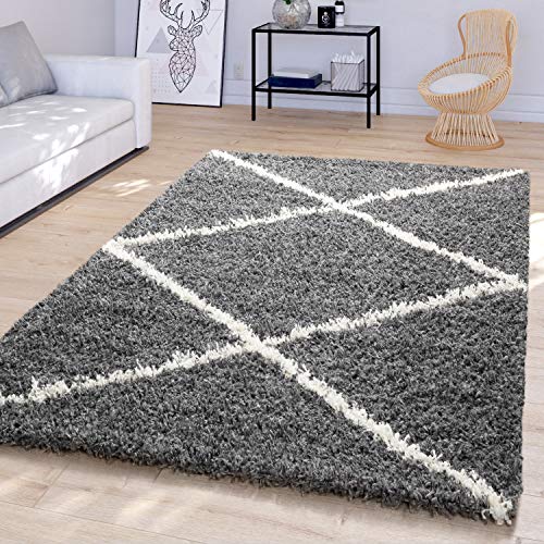 TT Home Alfombra Salón Pelo Largo Diseño Escandinavo con Rombos Abstracto, Color:Antracita, Tamaño:120x170 cm