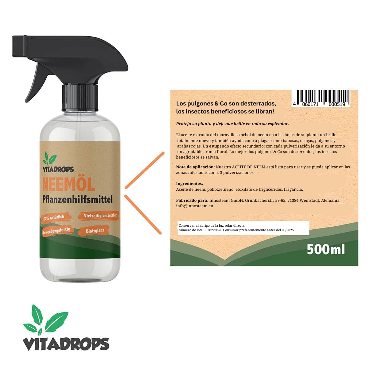 Olio di Neem | Protezione delle piante | Pronto all'uso | Adatto a tutte le piante | Insetto benefico amichevole | Agente di controllo naturale dei parassiti | Con emulsionante | 500ml