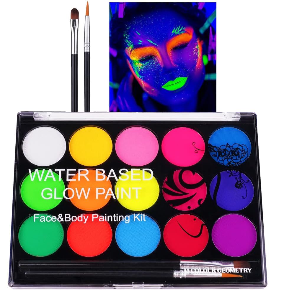 URAQT Pintacaras infantis, 15 cores UV fluorescente pintura facial crianças hipoalergénica, néon pintura facial e corporal segurança não tóxica, maquilhagem para meninas Halloween festival festa