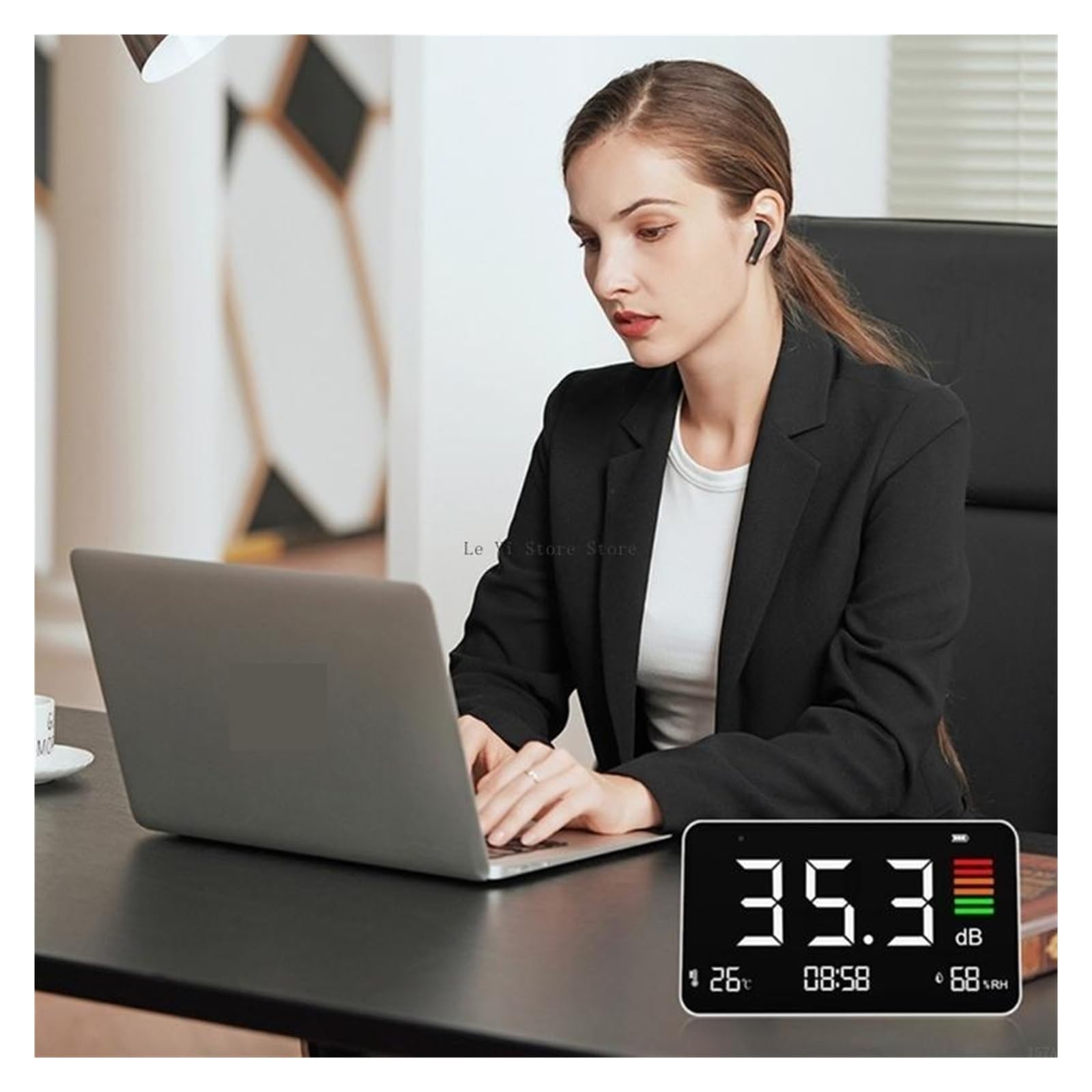 Sonómetro de escritorio de 30-130 dBA, medidor de decibelios con pantalla de temperatura y humedad, recargable.