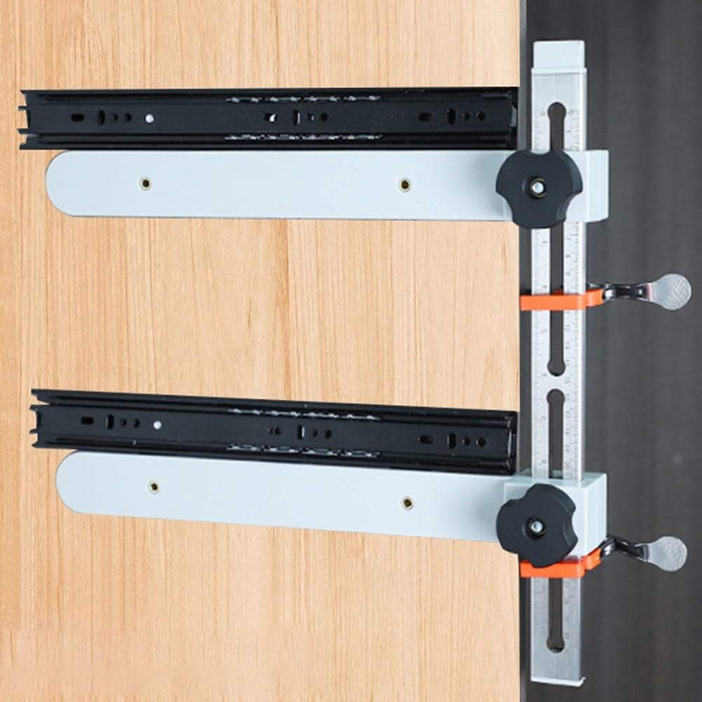 Abrazadera deslizante ajustable para cajón con grabados de doble escala y brazo de apoyo para un ajuste seguro del gabinete de cocina con construcción de metal y plástico (juego de 1 pieza)
