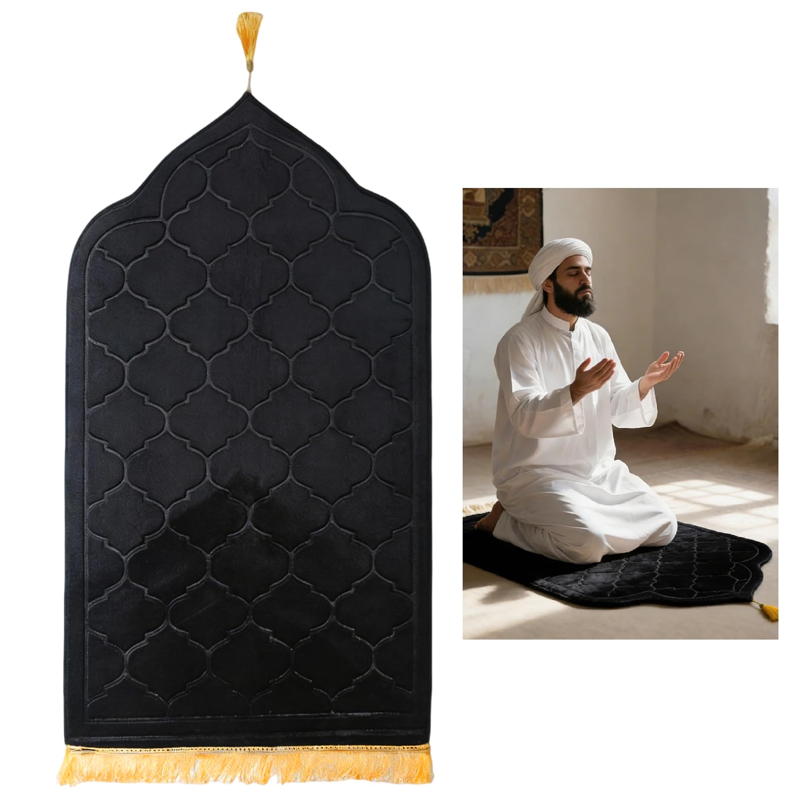 crayfomo Prayer Mat Muslim Prayer Rugs Soft Flannel Islamic Prayer Mat Turkish Praying Carpet Large Size Area Rugs Ottoman Blankets Ramadan Gift for Men Women (Black)