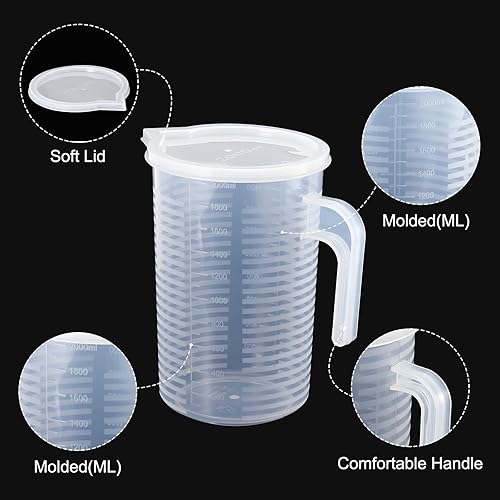 Miniatura 3 de PATIKIL Vaso graduado, paquete de 2 vasos medidores líquidos de plástico PP de 67.6 fl oz, graduaciones de doble cara con tapa de mango y boquilla