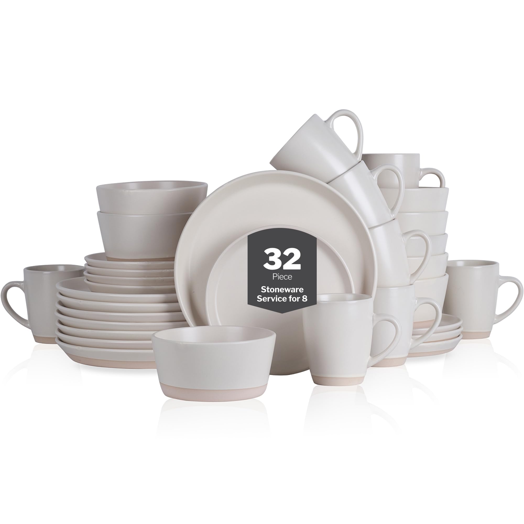 Stone Lain Jules Modern Stoneware 32-Piece Round Dinnerware Set, Plates and Bowls Sets, Dish Set for 8, White