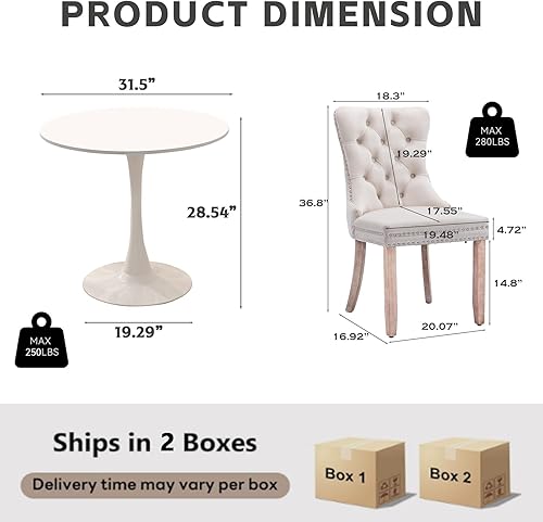 Miniatura 6 de Juego de mesa de comedor redonda de 3 piezas para mesa blanca de 2.31.5 pulgadas y 2 sillas de terciopelo beige, moderno juego de comedor de cocina