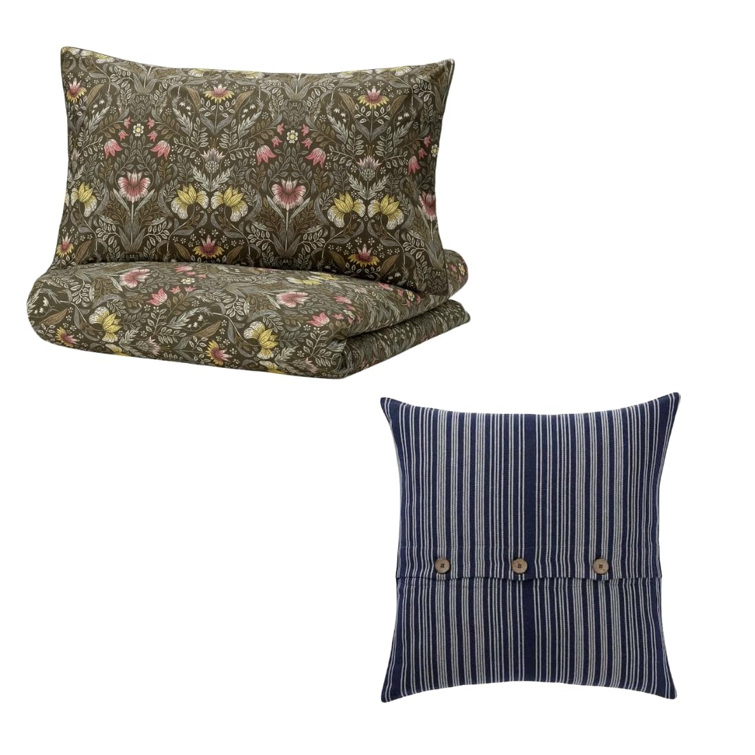 Ikea KÄRRDUNÖRT Duvet Cover and Pillowcase Dark Green Multicolour 150x200/50x80 cm with ALVARMALORT Cushion Cover Blue Stripe 50x50 cm-picture-12