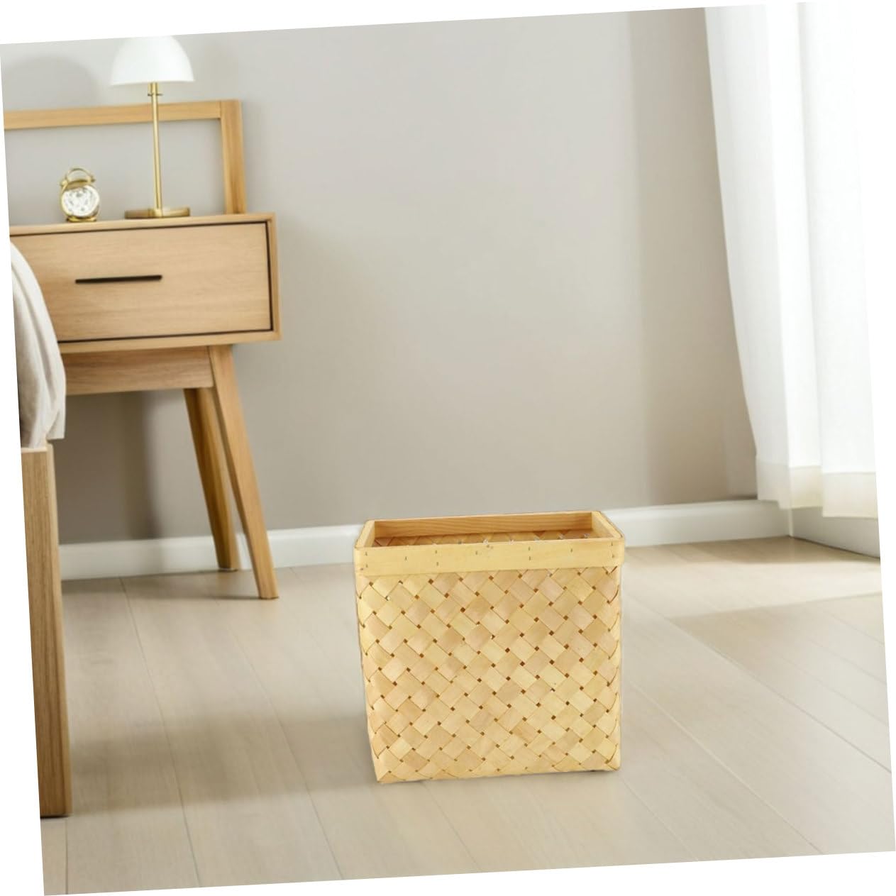 Luxshiny Rustic Japanese Woodchip Woven Trash Bin Vintage Wastebasket for Stylish Bedroom Bathroom Office Organizer Space Saving Storage Basket Beige with Distinctive Design image 4