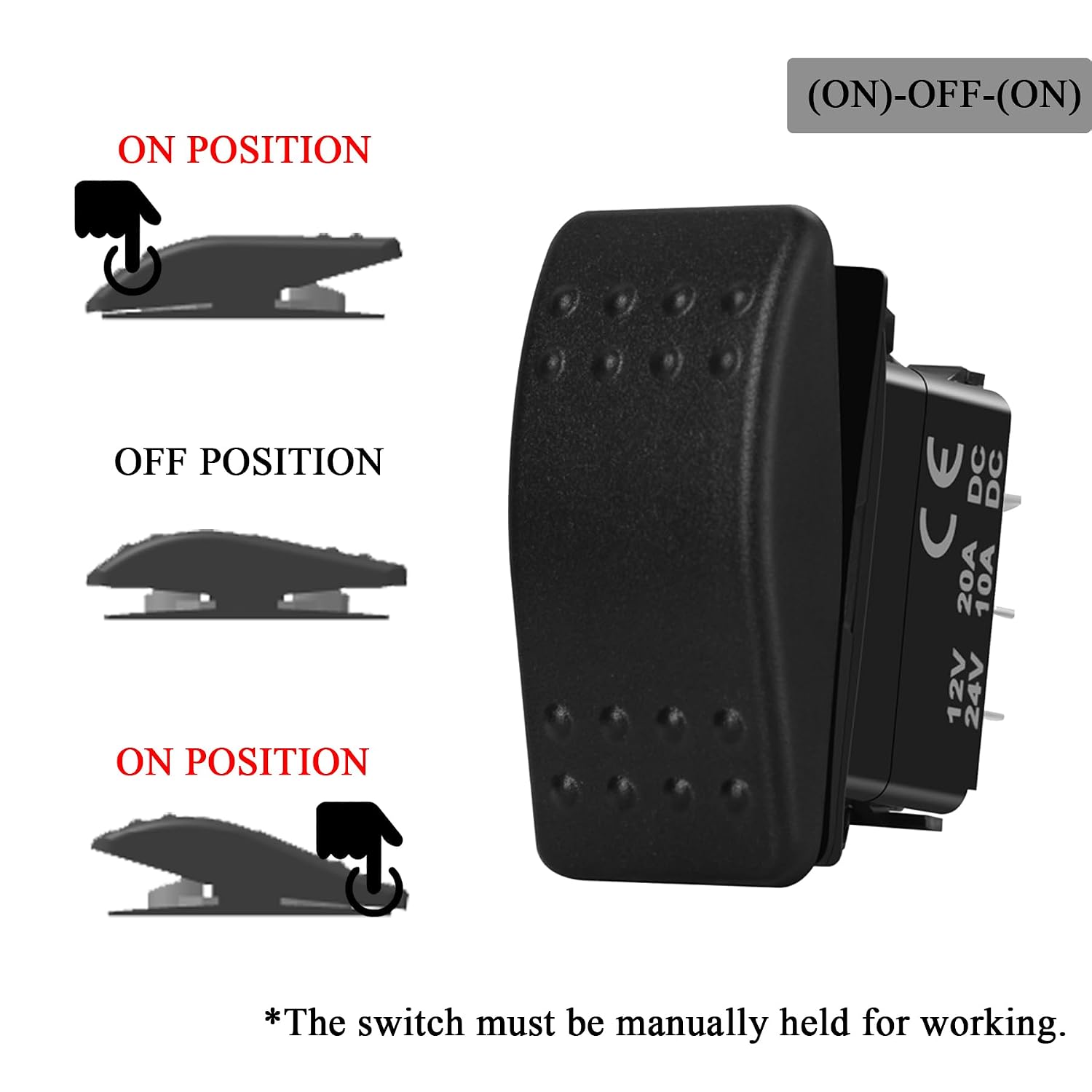 12V/24V DC Reverse Polarity Switch 6P (ON)-Off-(ON) 3 Way Momentary Rocker Switch Non-Light DPDT Marine Toggle Switch for Car Boat Pontoon Polaris Golf Cart UTV Dashboard Replacement Waterproof IP68