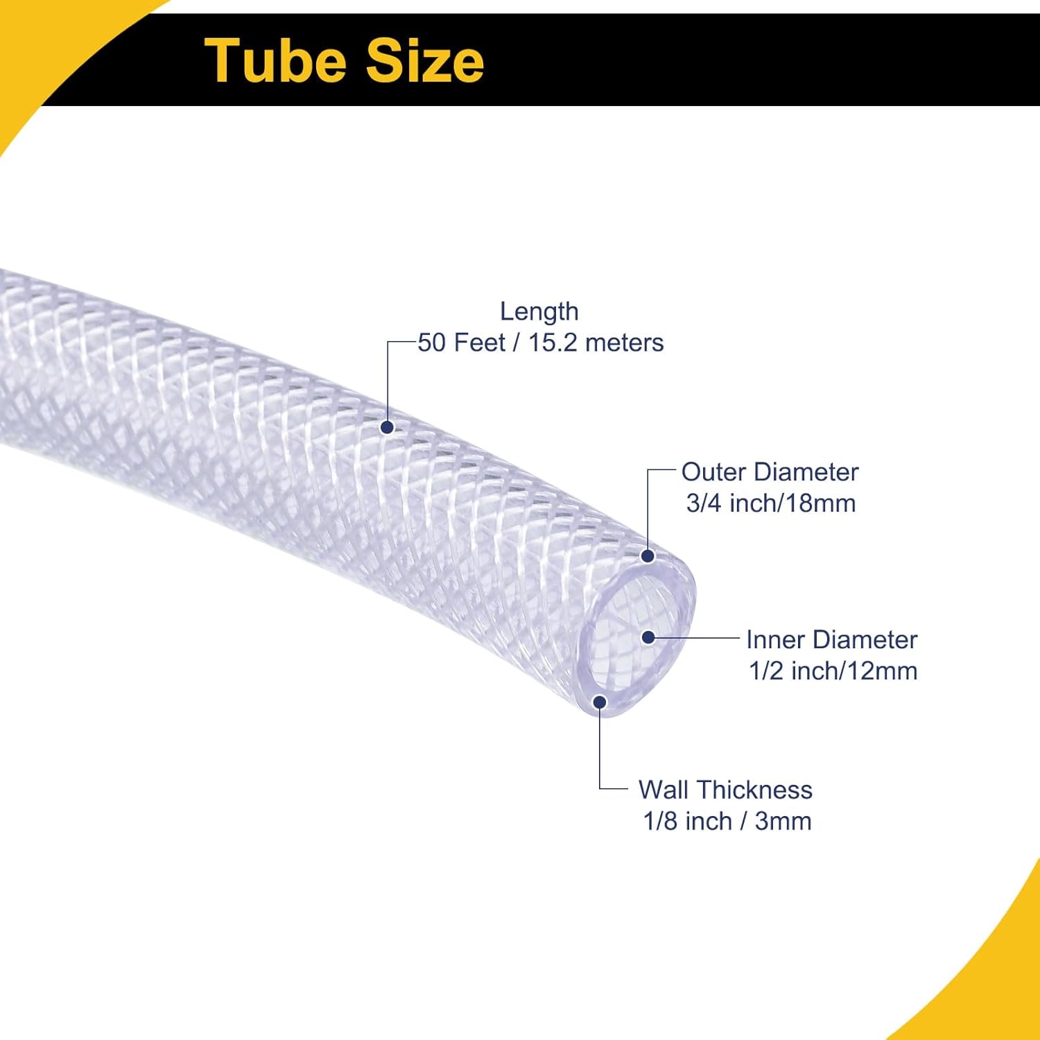 50ft Flexible Tube Braided Reinforced Tubing Flexible Hose Pipe Clear Vinyl Tubing High Pressure Flexible Plastic Tube for Fluid Transfer ((1/2" Inner, 3/4" Outer Diameter)