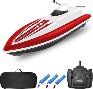 Barco RC de alta velocidad de 2.4 GHz de 4 canales con motor cepillado, diseño ABS rojo/negro, batería de 3.7 V 1200 mAh, 80 m, 15-20 km/h, incluye controlador, cable de carga, bolsa de almacenamiento
