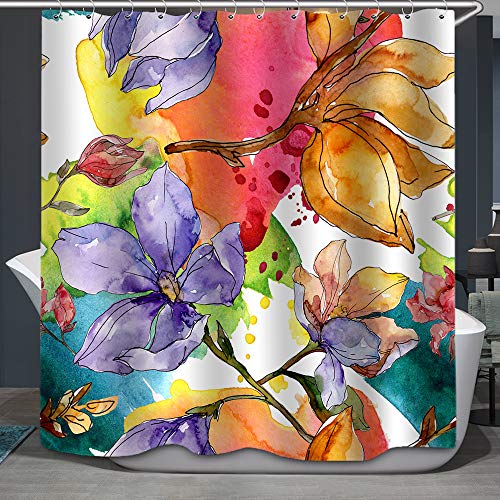 Spring Watercolor Floral Shower Curtains Fabric,Colorful Flowers Watercolor Painting Decoration Design Polyester Cloth Print Bathroom Curtains Include Hooks Set 72〃W By 72〃L （S2796） #TOP1