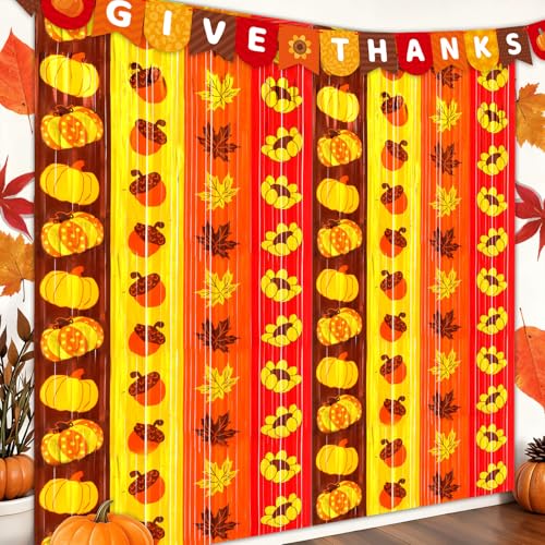 Fancy Land Thanksgiving Backdrop Fall Decoration Foil Fringe Curtains Metallic Tinsel Party Streamer with Give Thanks Banner for Autumn Harvest Wall Decor 2Pack