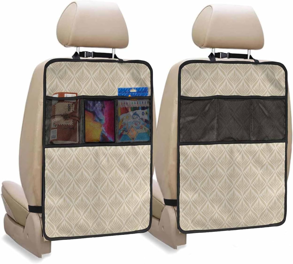 Car Seat Protector, 2 Pack Kick Mats Back Seat Protector Modern Abstract Geometric Blue Gold Vintage Feather Texture Waterproof Backseat Cover for Kids Universal Fit Automotive Interior Protectors