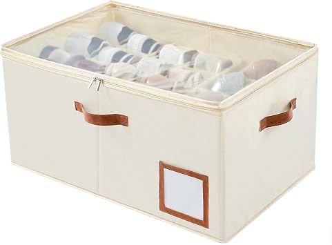 INSTY Shoe Organizer for Closet Fit 24 Pairs, Large Foldable Shoe Storage Containers Box Bin w/Adjustable Dividers and Clear Cover, Space Saving Shoe Storage Organizer Box, Beige