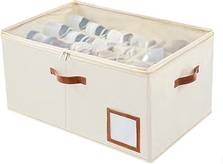 INSTY 1 Pack Shoe Organizer for Closet, Shoe Storage Organizer, Adjustable Dividers for Shoe Storage, Fabric Shoe Storage Bins with Clear Cover, Beige