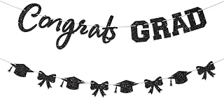 Black Bow Congrats Grad Banner Prestrung Glitter Graduation Banner for Girl Graduation Decorations Class of 2026 Congratulations Grad Party Decorations 2026