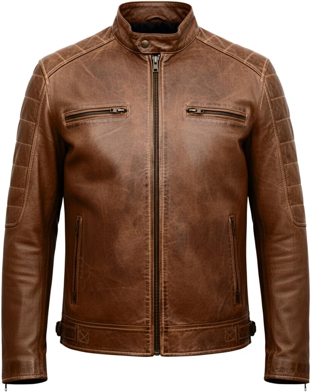 Mens Cafe Racer Brown Moto Biker Leather Jacket – Vintage Genuine Lambskin Quilted Motorcycle Jacket