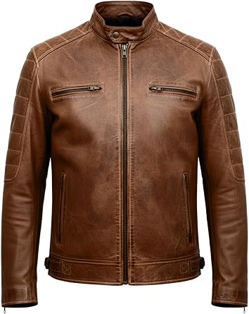 Mens Cafe Racer Brown Moto Biker Leather Jacket Vintage Genuine Lambskin Quilted Motorcycle Jacket