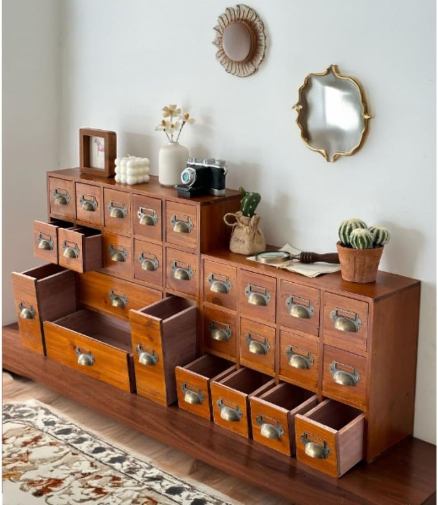 Sefoemutデスクトップチェスト 収納ボックス 保管キャビネット 防塵ケース キーホルダー 木製トップ引き出し型 防塵機能 玄関