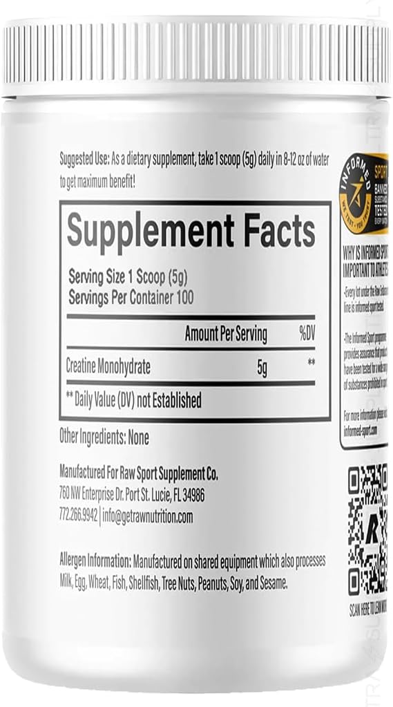 Raw Creatine Monohydrate Powder, 100 Servings, Unflavored, 510g Micronized Creatine for Muscle Strength, Recovery & Performance
