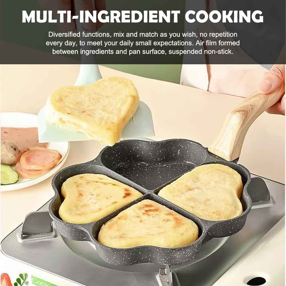 LOMUG Padella per omette a 4 fori, rivestimento antiaderente in granito, piccole padelle, motivo: padella a induzione, a forma di cuore, con 2 spazzole per fornello a gas (nero)