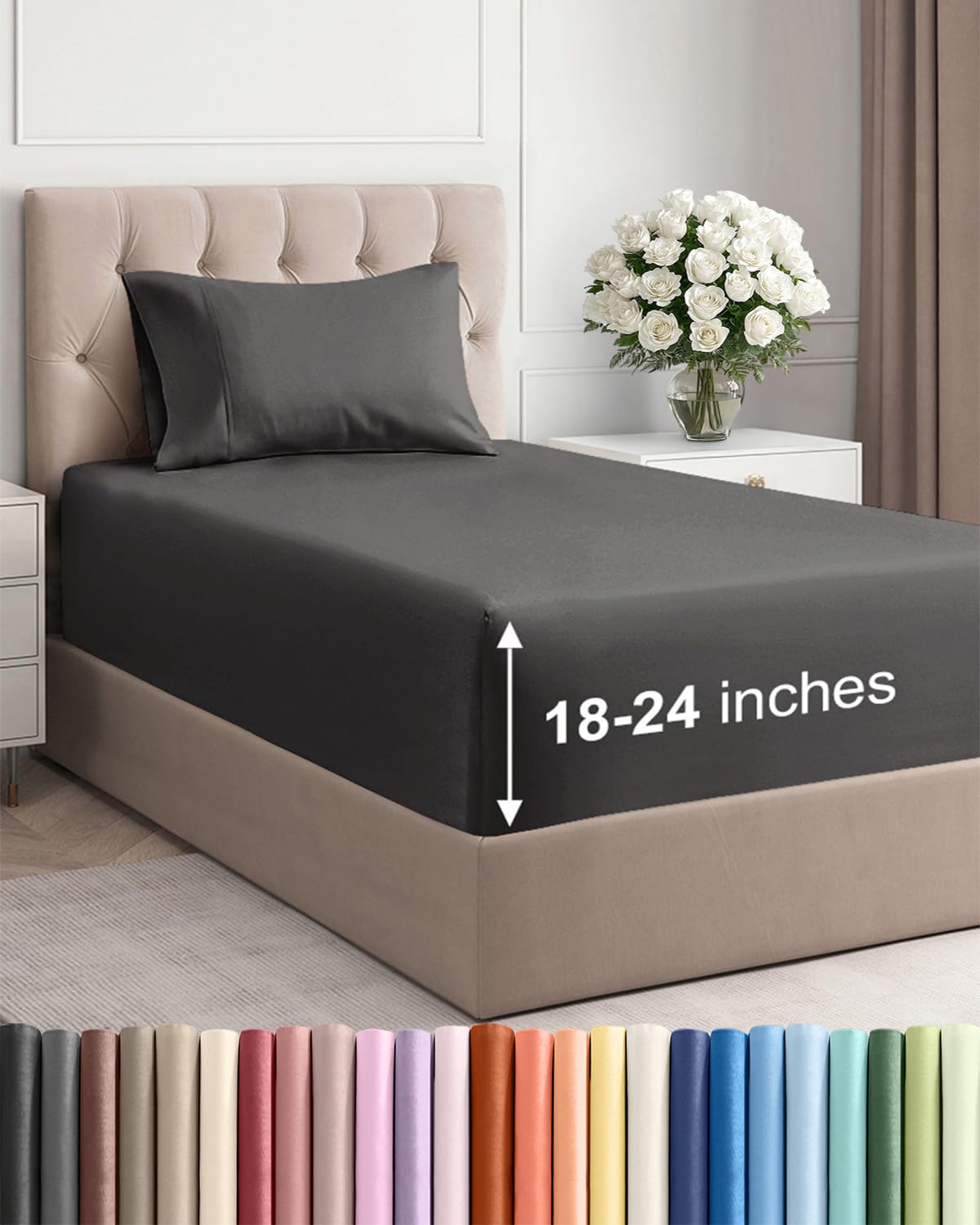 extra deep twin xl sheet set - 3 piece breathable & cooling bed sheets - easily fits 18 to 24 inch mattress - ultra soft, wrinkle & fade free w/ extra deep pockets - hotel luxury bedding - charcoal