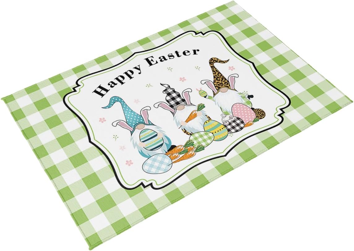 Easter Outdoor Rug 4x6 ft Bunny Gnomes Outdoor Large Area Rug Non Slip Easter Eggs Green Check Plaid Wood Grain Front Door Mat RV Carpet Patio Outdoor Rugs for Backyard Balcony Indoor Spring Decor