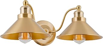 Kira Home Welton 19" Modern Farmhouse 2-Light Bathroom Vanity Light | Classic Metal Funnel Cone Barn Shades, Elegant Curved Gooseneck Arms, Premium Cool Brass Gold Finish