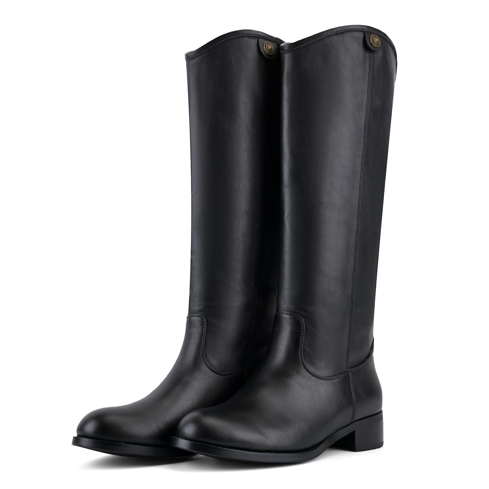 Riding Boots For Women Round Toe Chunky Heel Knee High Boots Vintage Metal Hardware Tall Booties Pull on